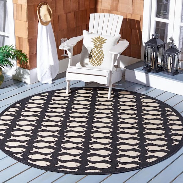 Geometric Fish Indoor Outdoor Round, Black And Tan Round Outdoor Rugs