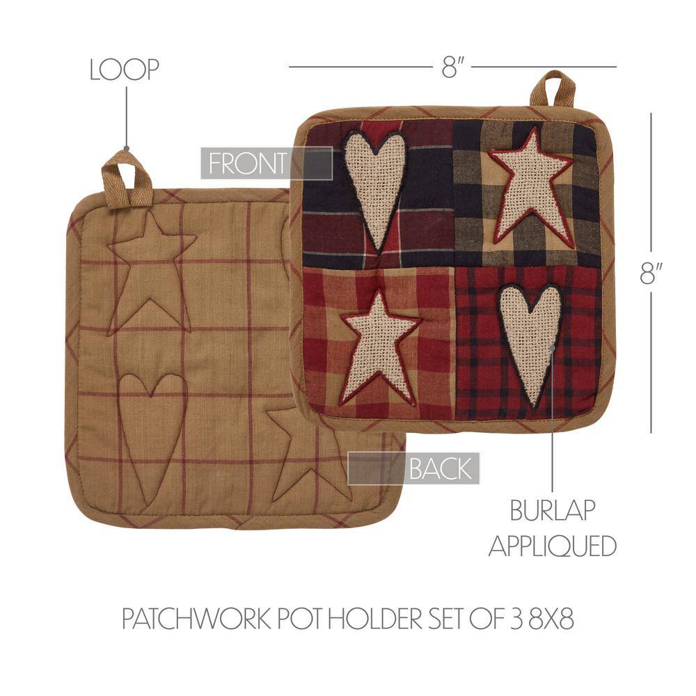 Connell Patchwork Burgundy and Tan Cotton Pot Holder Set