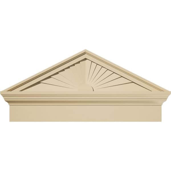 Ekena Millwork 30 in. W x 14-3/8 in. H x 2-3/4 in. P Pitch 6/12 Peaked Cap Sunburst Signature Urethane Combination Pediment, Primed Tan