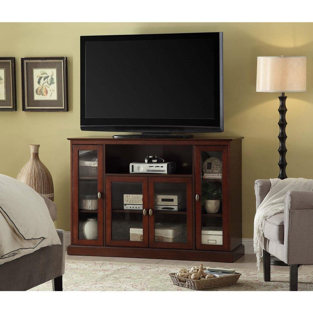 Summit Espresso Wood Highboy TV Stand with Tempered Glass Doors