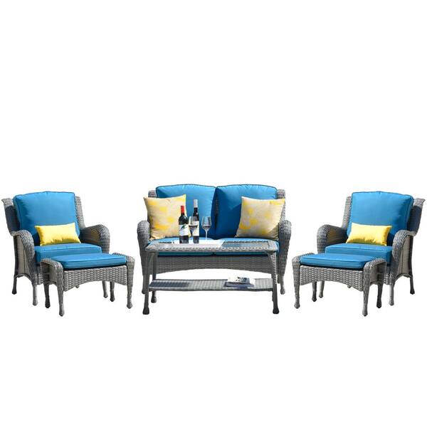 CASAINC Gray of 6-Piece Metal Patio Conversation Set with Blue Cushions