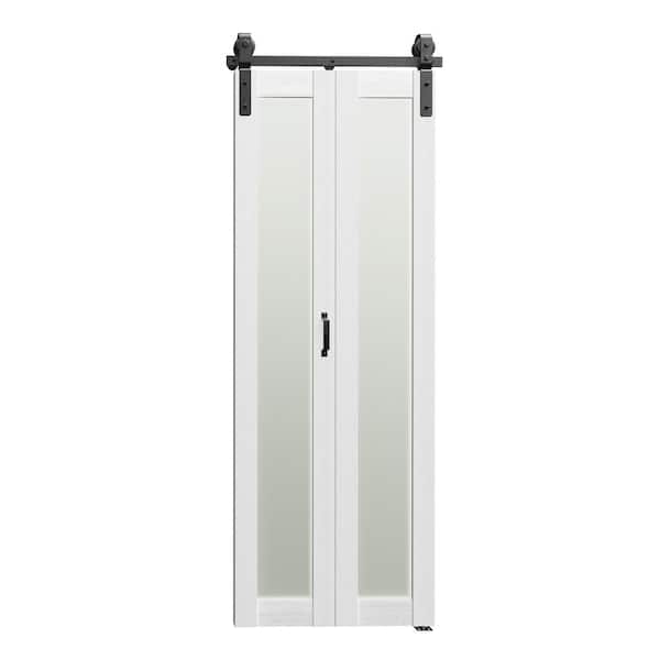 30 in. x 84 in. Bi-Fold White 1-Lite Frosted Glass MDF Solid Core Sliding Barn Door with Hardware Kits Pre-drilled