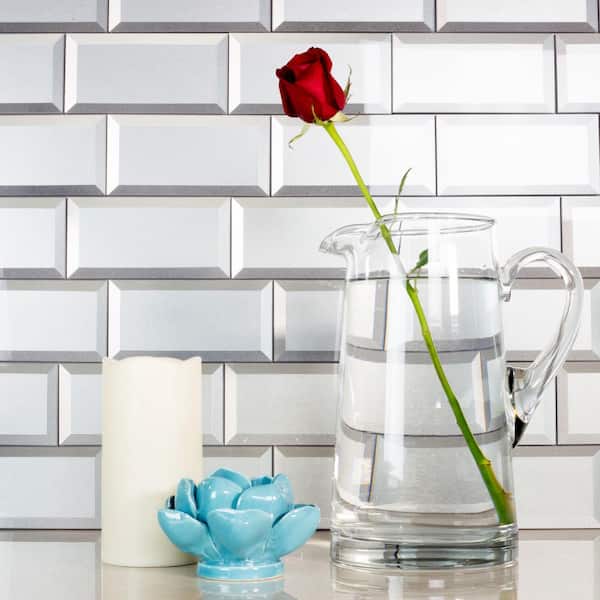 Secret Dimensions Glossy Silver Beveled Subway 3 in. x 6 in. Glass Wall Tile Sample