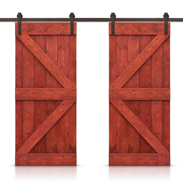 CALHOME K 40 in. x 84 in. Cherry Red Stained DIY Solid Pine Wood Interior Double Sliding Barn Door with Hardware Kit
