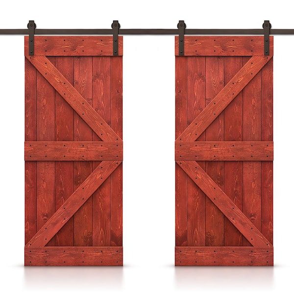 CALHOME K 68 in. x 84 in. Cherry Red Stained DIY Solid Pine Wood Interior Double Sliding Barn Door with Hardware Kit