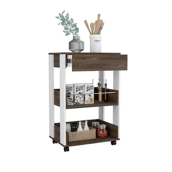 LORDEAR Dark Walnut Particle Board Kitchen Cart with Open Shelves, Drawer and Four Casters