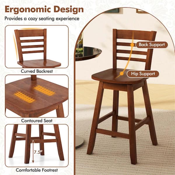 Costway Brown Wood Swivel Bar Stools with Hollow Backrest