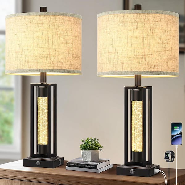 Set of 2 Farmhouse Table Lamps for Living Room with Crystal Night Light and 2 USB Ports
