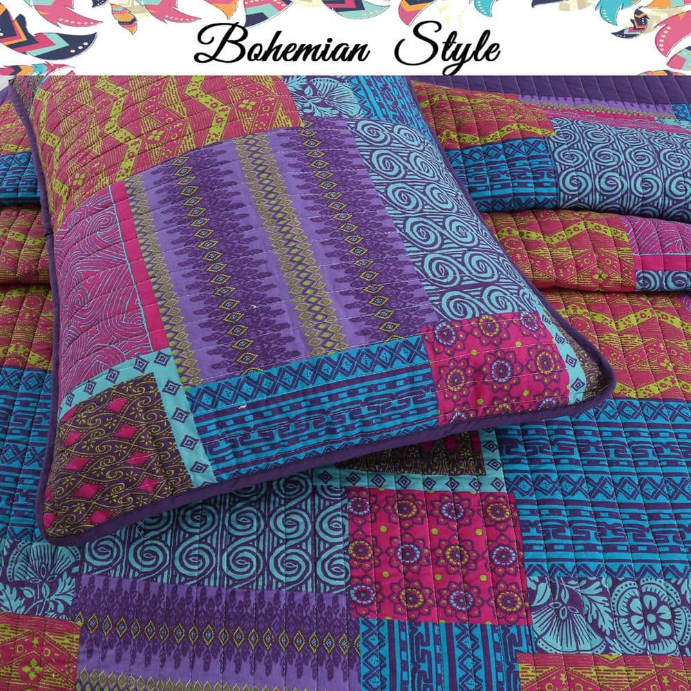 Bohemian Purple and Fuchsia Cotton King Quilt Set