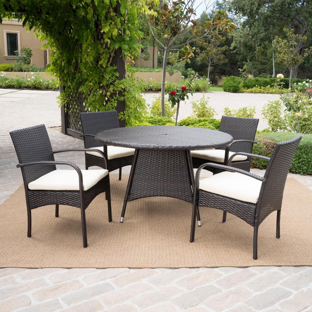 Theodore Multi-Brown and White 5-Piece Faux Rattan Patio Outdoor Dining Set with Beige Cushions -  Noble House, 6256