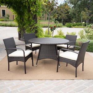Theodore Multi-Brown and White 5-Piece Faux Rattan Patio Outdoor Dining Set with Beige Cushions