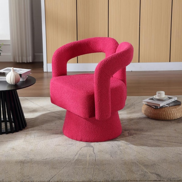 Rose Red Boucle 360° Swivel Accent Chairs, Round Armchairs with Wide Upholstered for Living Room