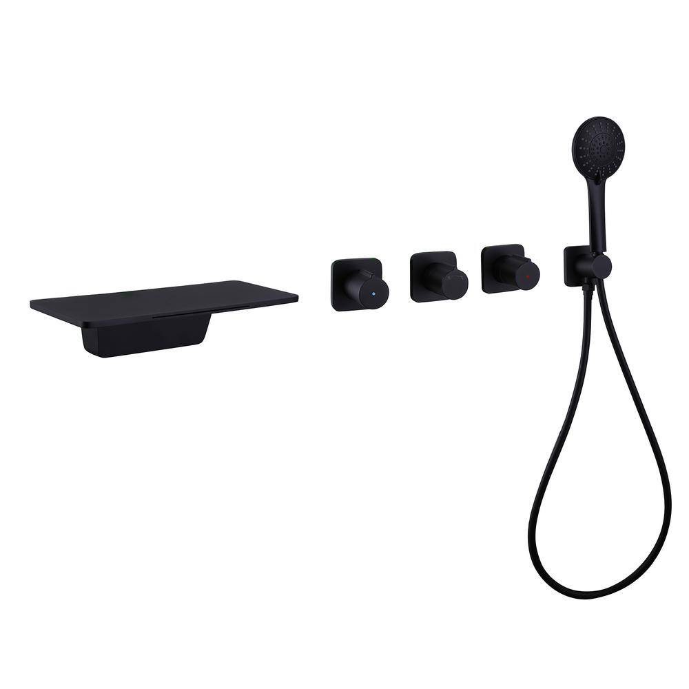 3Handle Wallmount Waterfall Bathtub Faucet with Hand Shower in Matte