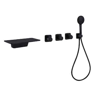3-Handle Wall-mount Waterfall Bathtub Faucet with Hand Shower in Matte Black (Valve Included)