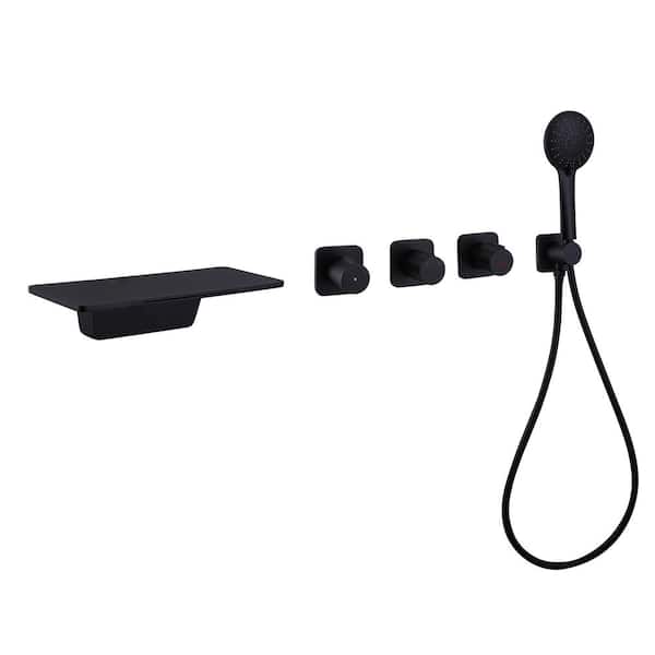 Unbranded 3-Handle Wall-mount Waterfall Bathtub Faucet with Hand Shower in Matte Black (Valve Included)