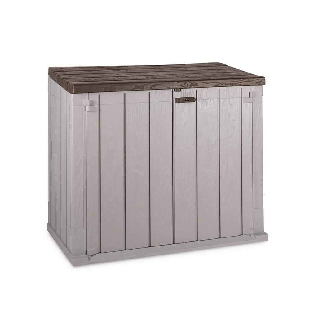 Taupe Gray and Brown Lockable Plastic Storage Shed with Wheels