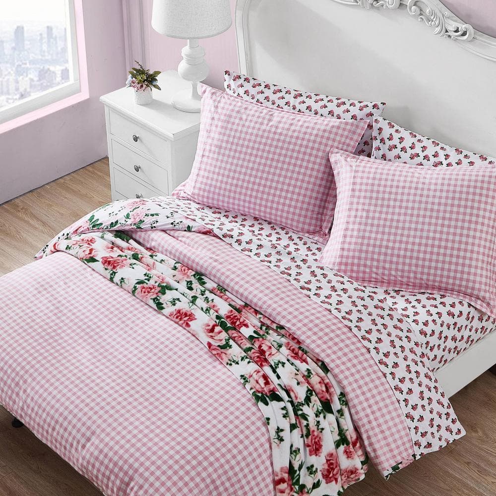 Twin Pink Cotton Floral Duvet Cover Set with Sham