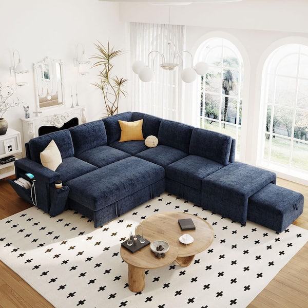 90.6 in. L-Shaped Padded Modular Chenille Sectional Sofa in Blue with Storage Space, USB Ports, and Cup Holders