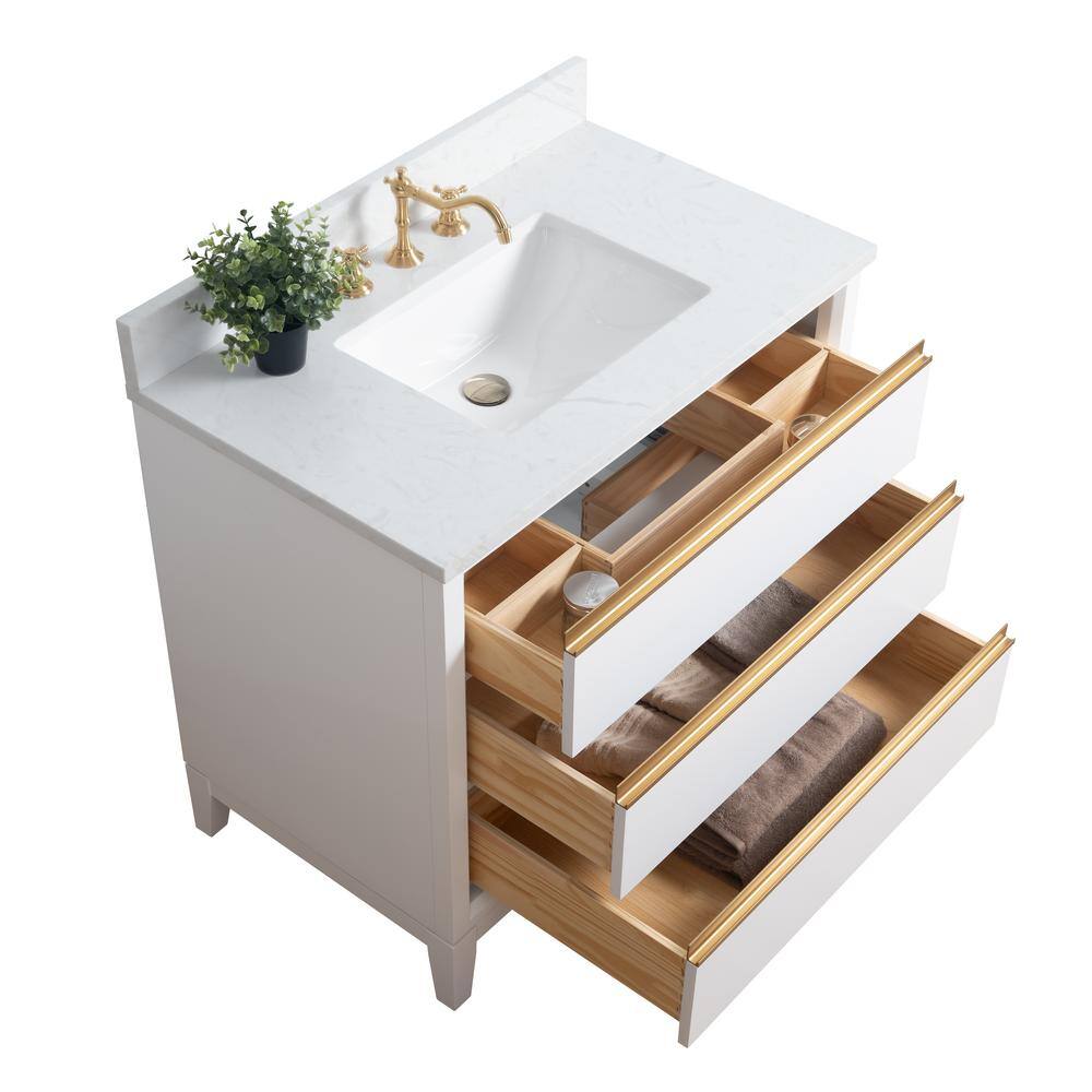 White and Gold 36" Freestanding Bathroom Vanity with Engineered Marble Top