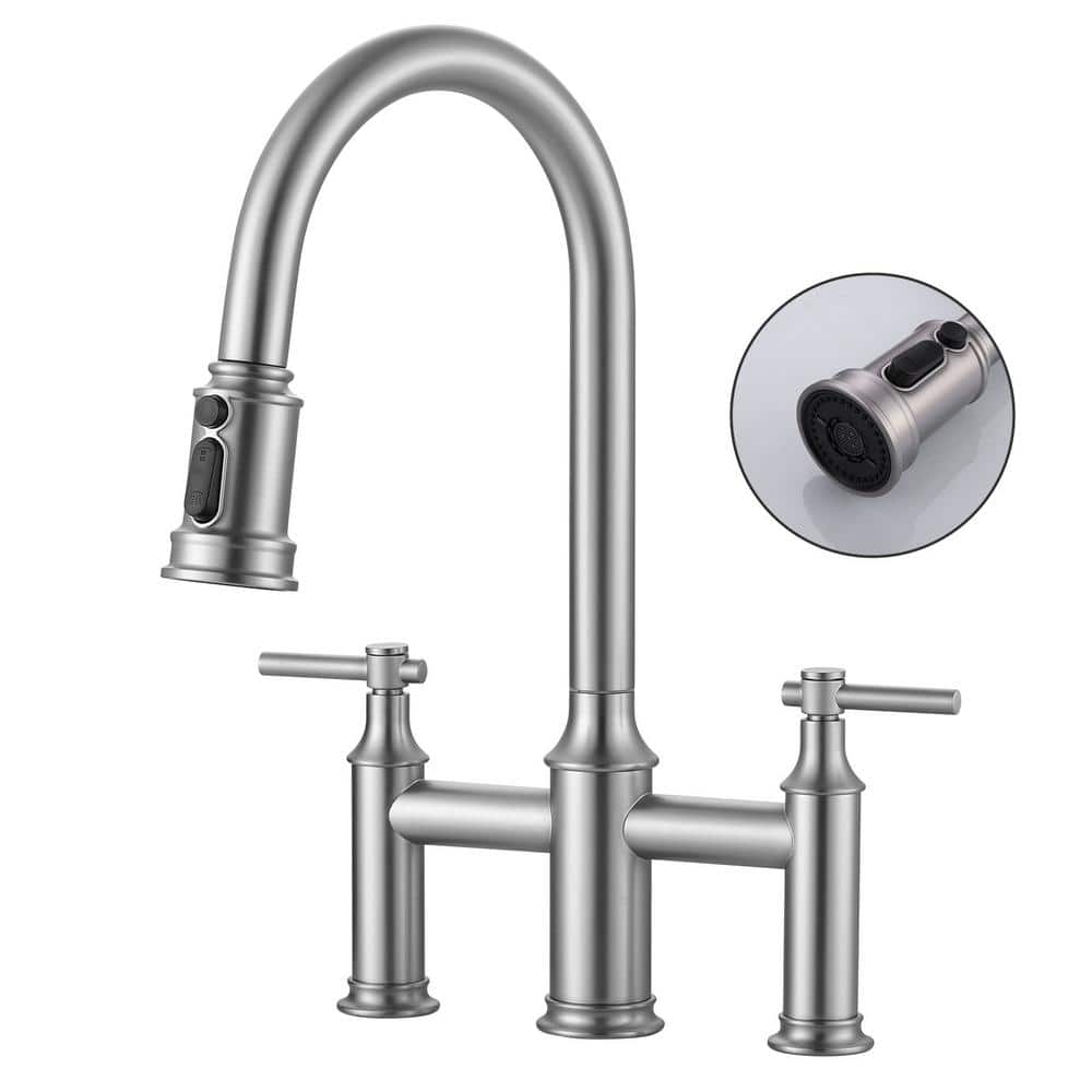 Brass Double Handles High Arc Bridge Kitchen Faucet with 3-Spray Modes Pull Down Sprayer and in Brushed Nickel price history on PriceWatchPro