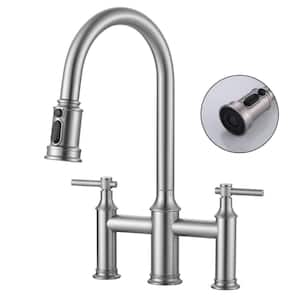 Brass Double Handles High Arc Bridge Kitchen Faucet with 3-Spray Modes Pull Down Sprayer and in Brushed Nickel