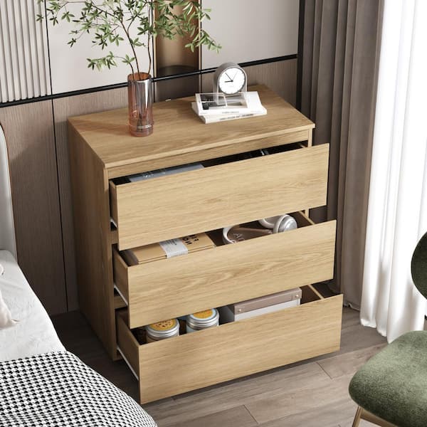 3-Drawer Natural Brown Wood Nightstand End Table 30.3 in. W x 32.3 in. H x 15.7 in. D