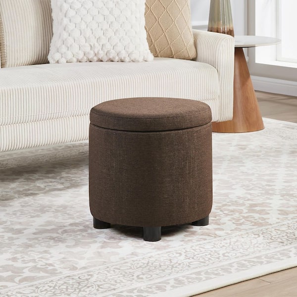 Designs4Comfort Medium Brown Fabric Round Accent Storage Ottoman with Reversible Tray Lid