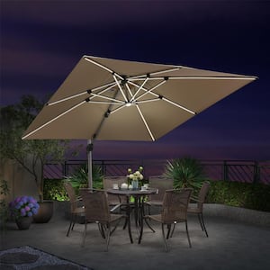 10 ft. Square Aluminum Solar Powered LED Patio Cantilever Offset Umbrella with Stand, Beige