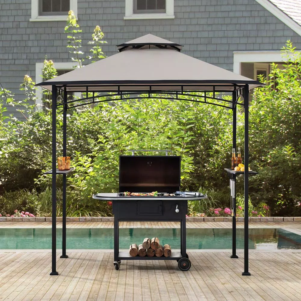 Marion 5 ft. x 8 ft. Black Steel 2-Tier Grill Gazebo with Gray and Black Canopy