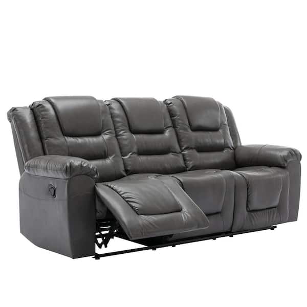 84.2 in. W Gray Modern Round Arm PU Leather 3-Seat Straight Rectangle Sofa, Home Theater Seating Manual Recliner