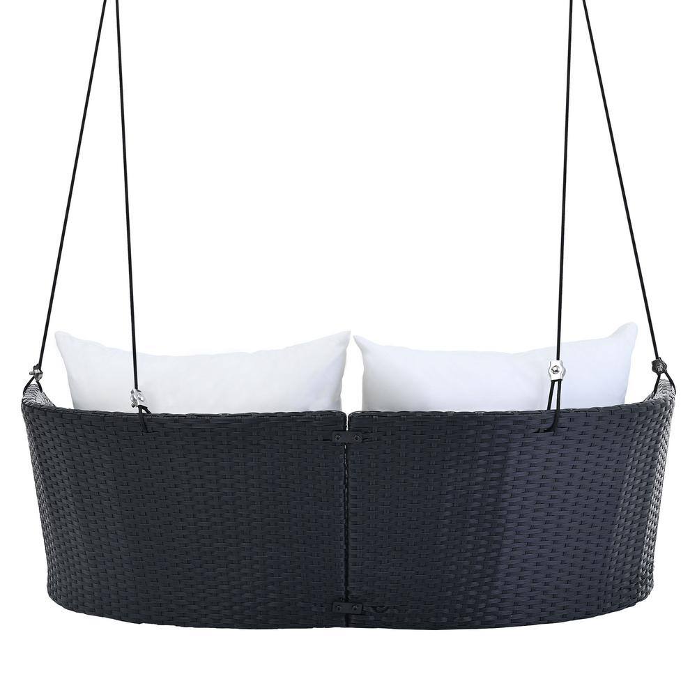 Black Wicker and White Cushion 2-Person Porch Swing