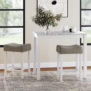 Viktor Three-Piece Dining Set Kitchen Pub Table Marble Top White Wood Base Light Gray Fabric Seat