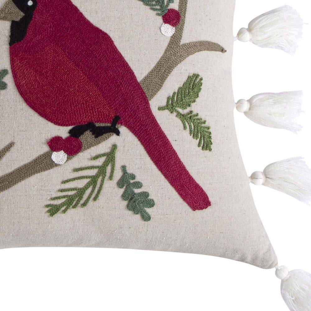 Embroidered Cardinal Bird Faux Linen Tassel Pillow 18x18