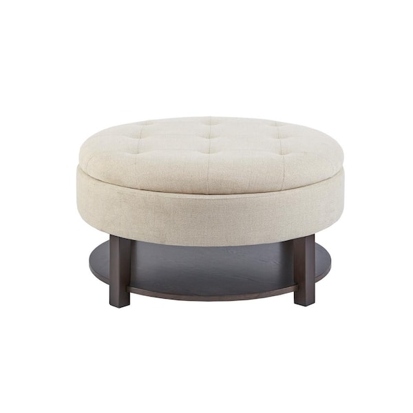 Madison Park Javier Cream/Brown Fabric Round Storage Ottoman