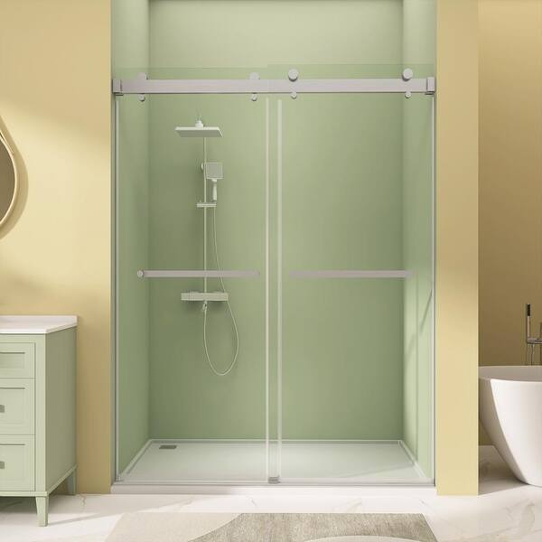 Zeafive 59 in. W x 76 in. H Glass Shower Door Frameless Double Sliding in Brushed Nickel Shower Doors with 3/8 in.Clean Glass
