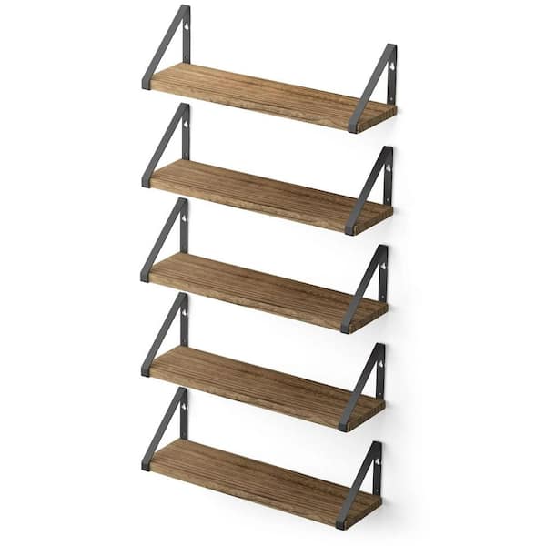 Cubilan 4.8 in. x 17 in. x 4.7 in. Natural Burned Wood Decorative Wall Shelves with Brackets (Set of 5)