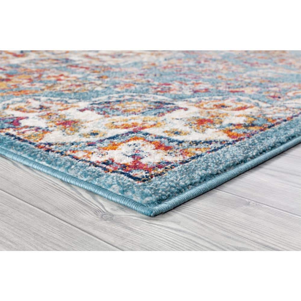 Blue Round Oriental Synthetic Easy Care Rug, 6'7"