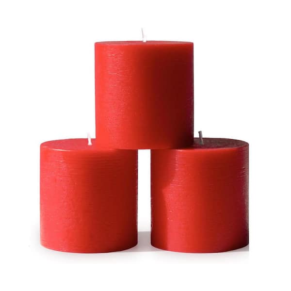Red Unscented Paraffin Wax Single Wick Dripless Pillar Candle 3-Pack