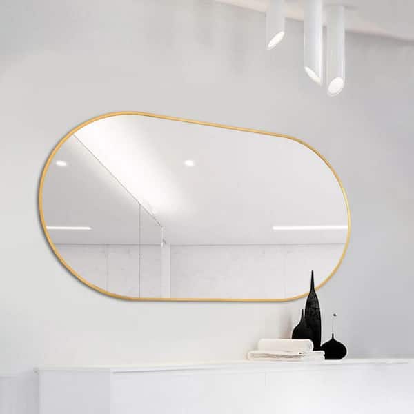 Unbranded 18 in. W x 36 in. H Oval Stainless Steel Frame Wall Mounted Bathroom Vanity Mirror in Gold