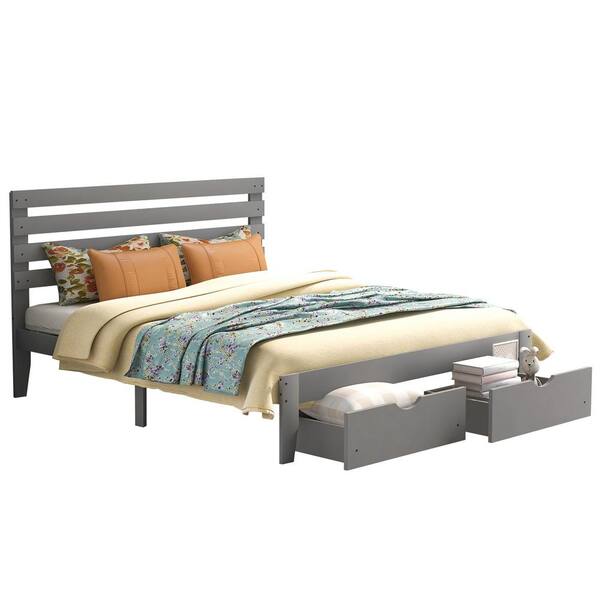 Polibi 61 in. W Simple Style Gray Queen Size Platform Bed with Drawer