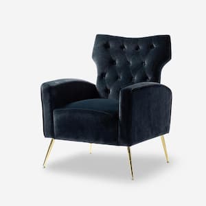 Brion Modern Black Velvet Button Tufted Comfy Wingback Armchair with Metal Legs