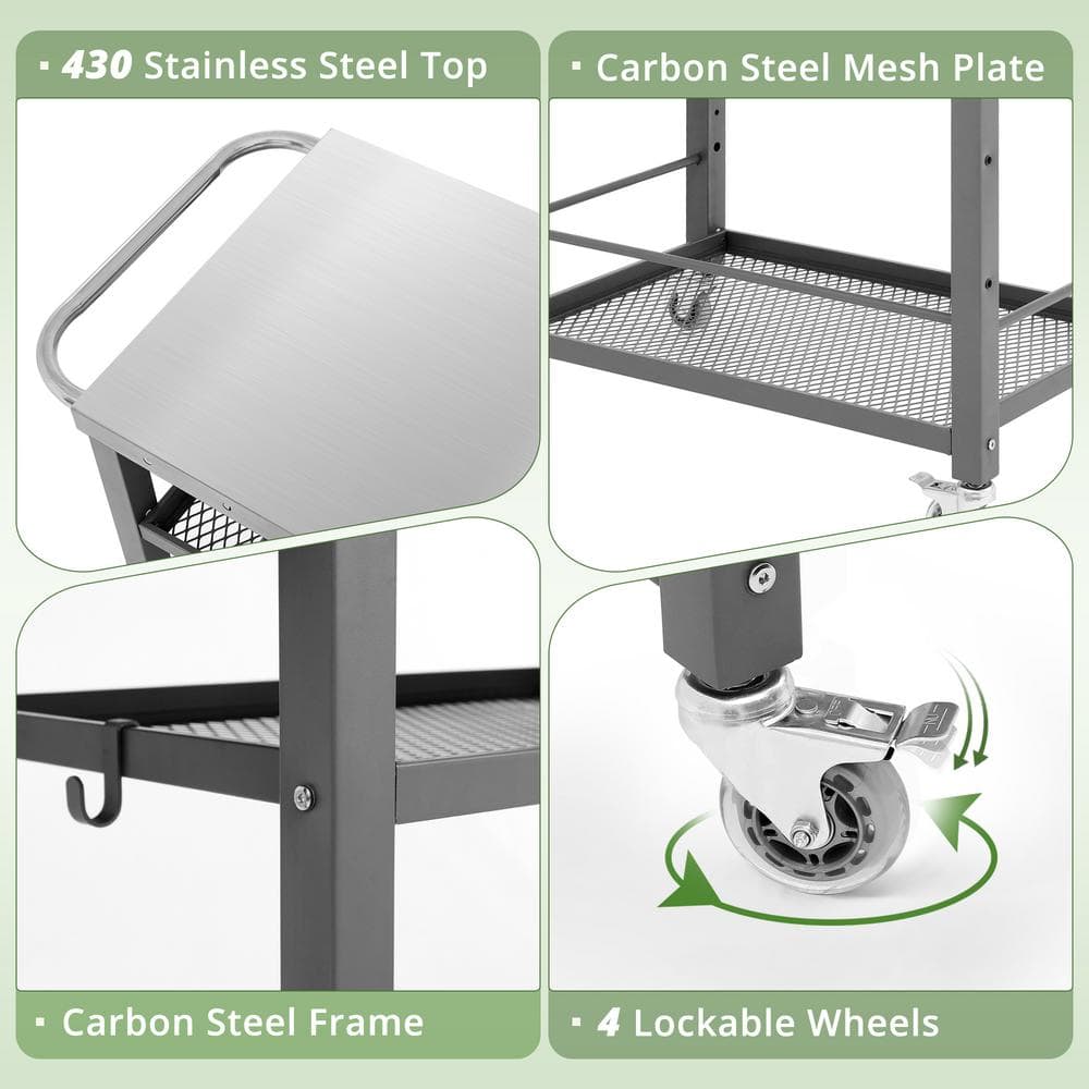 Gray Stainless Steel 3-Tier Foldable Outdoor Grill Cart