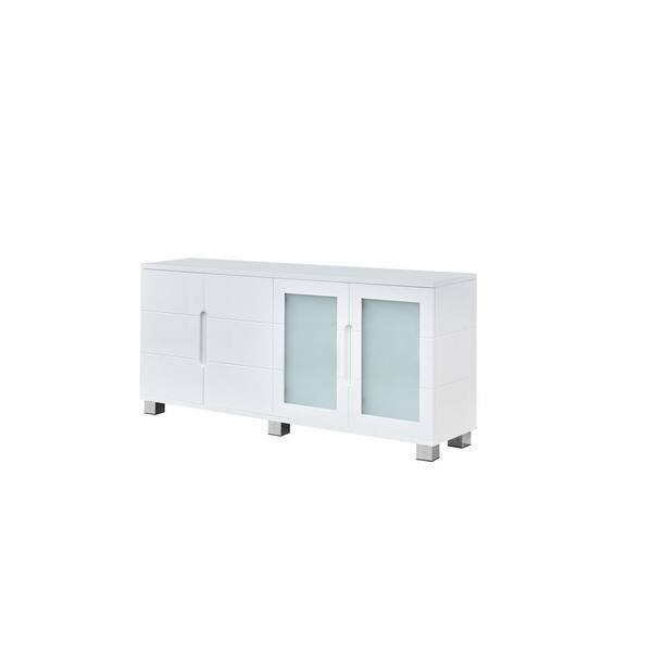 Best Quality Furniture Lynn White Lacquer High Gloss Wood Top 73 in. W Sideboard with 4-Doors