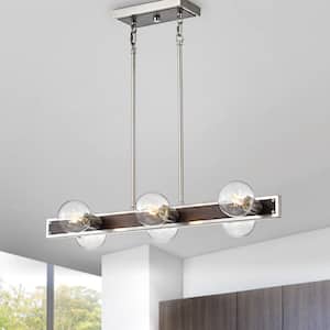 6-Light Dimmable Brushed Nickel and Wood Finish Island Linear Pendant Chandelier for Dining Room (LED Bulbs Included)