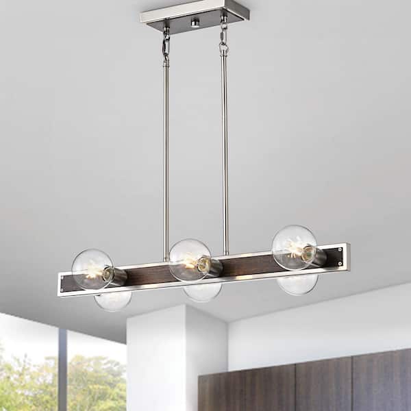 Edvivi 6-Light Dimmable Brushed Nickel and Wood Finish Island Linear Pendant Chandelier for Dining Room (LED Bulbs Included)