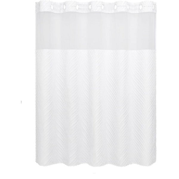 No Hook Boho Tufted Leaves Shower Curtain and Snap Liner Set with See Through Top Window 72x74 White Polyester