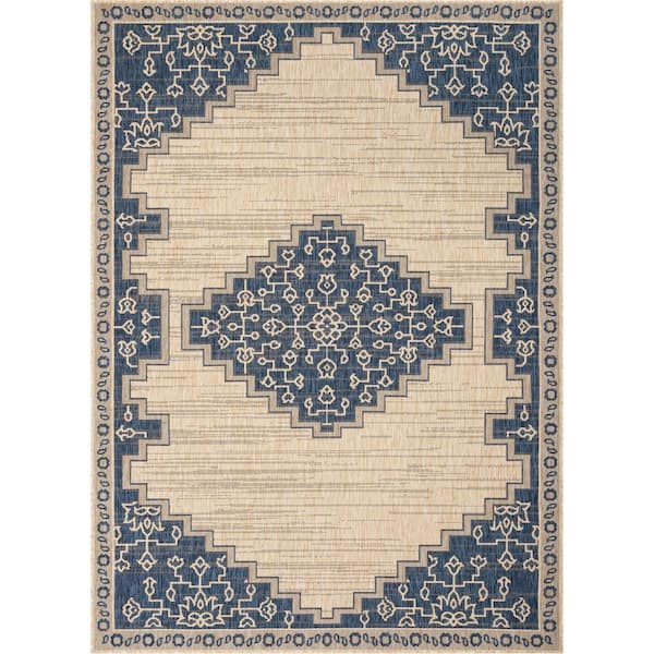 Well Woven Medusa Mani Blue Oriental Medallion 5 ft. 3 in. x 7 ft. 3 in. Indoor/Outdoor Area Rug