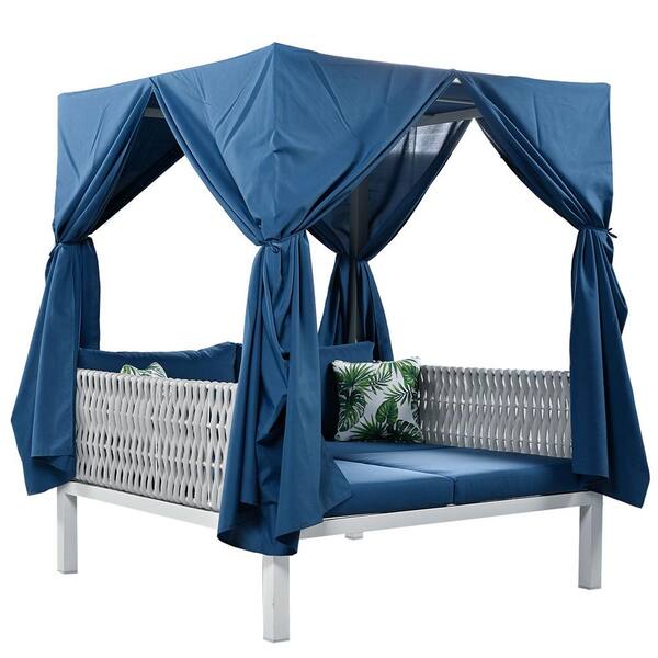 Sudzendf 1-Piece Metal Outdoor Day Bed, Woven Rope Sunbed with Curtains, High Comfort, with Blue Cushions