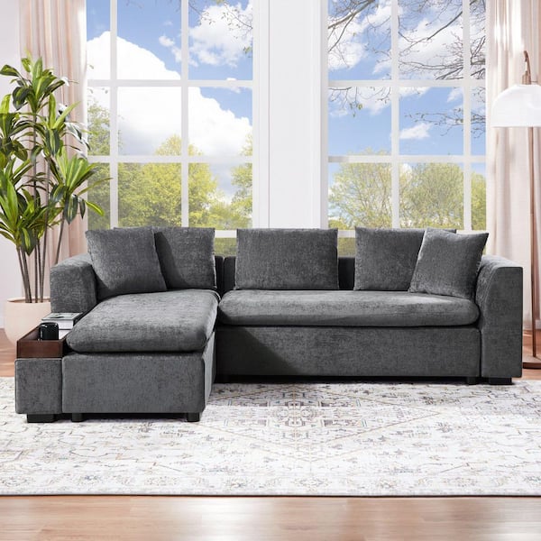 93.7 in. Square Arm Chenille Sectional Sofa with wooden Storage Compartment in. Gray