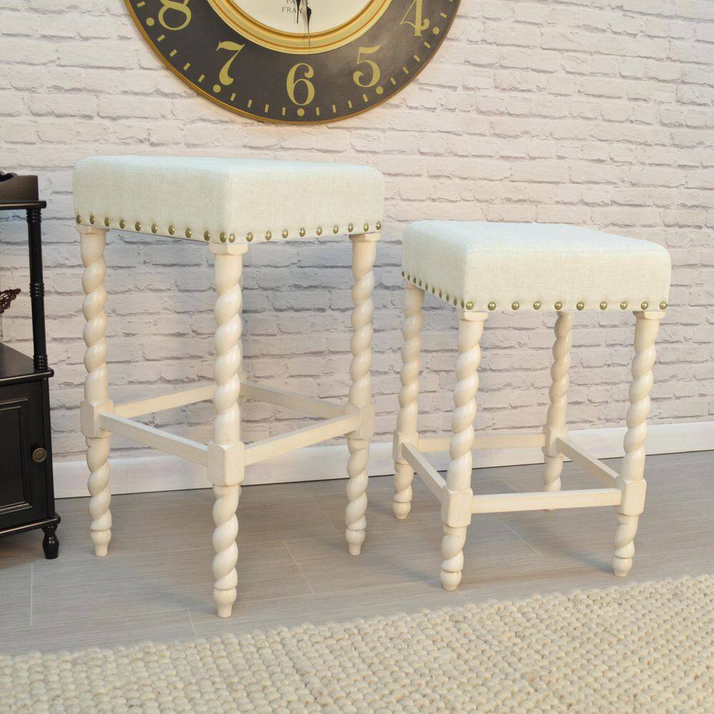 Vintage White Linen and Wood 32'' Backless Counter Stool